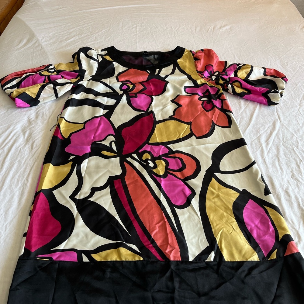Alfani Floral Print Dress, 100% Silk, Size 16, Puff Sleaves